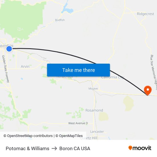 Potomac & Williams to Boron CA USA map