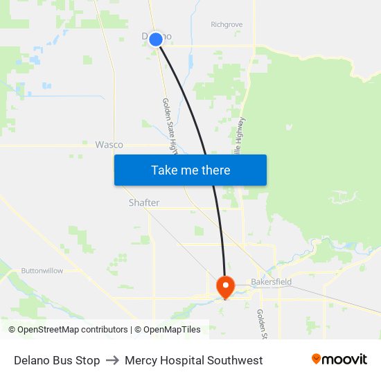 Delano Bus Stop to Mercy Hospital Southwest map