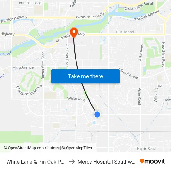 White Lane & Pin Oak Park to Mercy Hospital Southwest map