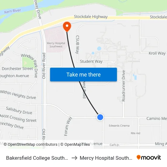 Bakersfield College Southwest to Mercy Hospital Southwest map