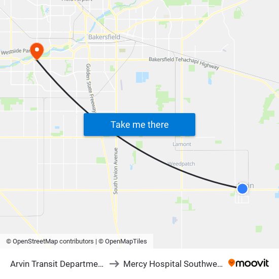 Arvin Transit Department to Mercy Hospital Southwest map