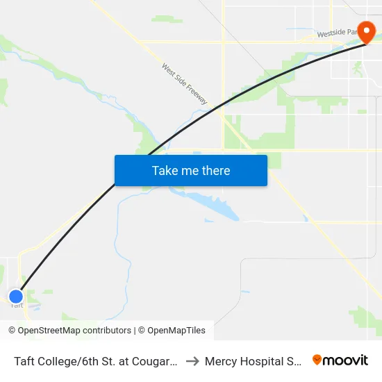 Taft College/6th St. at Cougar Ct. (760856) to Mercy Hospital Southwest map