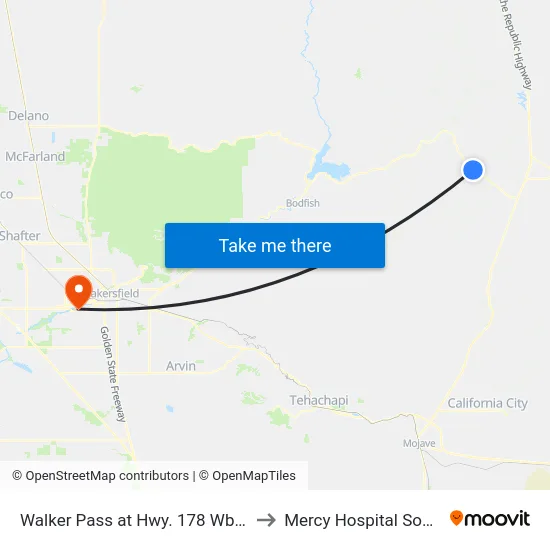 Walker Pass at Hwy. 178 Wb (781470) to Mercy Hospital Southwest map