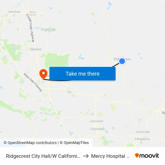 Ridgecrest City Hall/W California Ave. (760764) to Mercy Hospital Southwest map