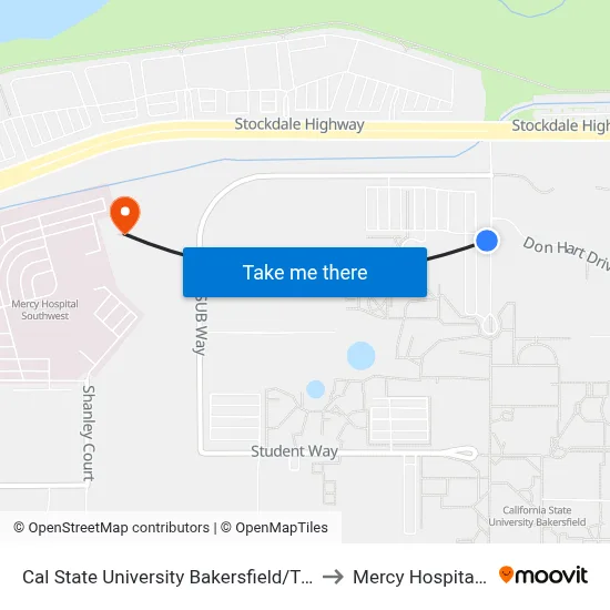 Cal State University Bakersfield/Transit Center (760751) to Mercy Hospital Southwest map