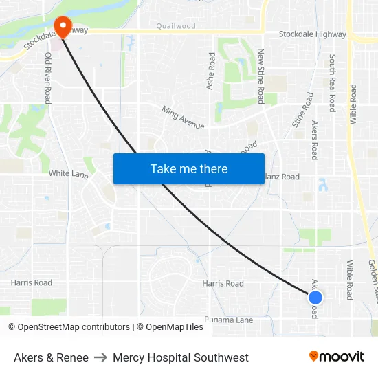 Akers &  Renee to Mercy Hospital Southwest map