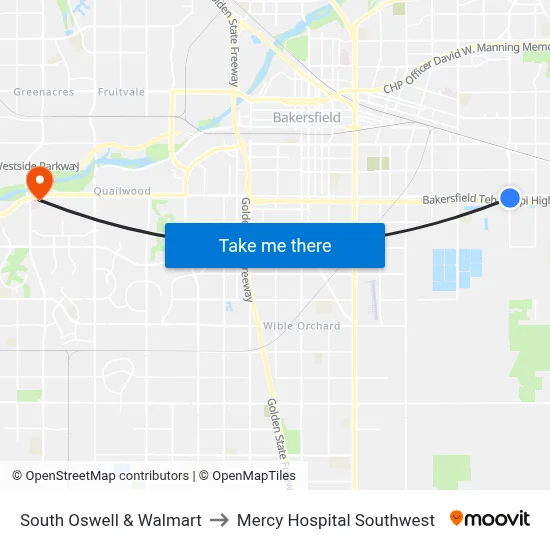 South Oswell & Walmart to Mercy Hospital Southwest map