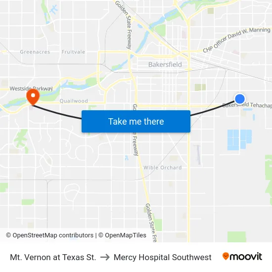 Mt. Vernon at Texas St. to Mercy Hospital Southwest map