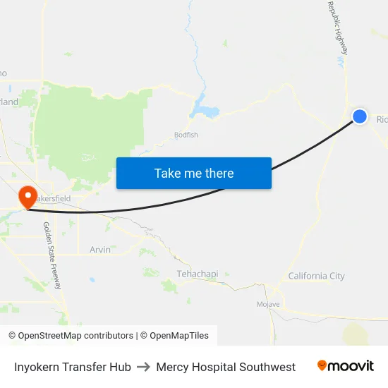 Inyokern Transfer Hub to Mercy Hospital Southwest map