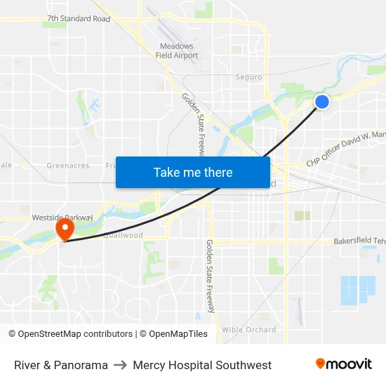 River & Panorama to Mercy Hospital Southwest map