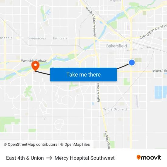 East 4th & Union to Mercy Hospital Southwest map