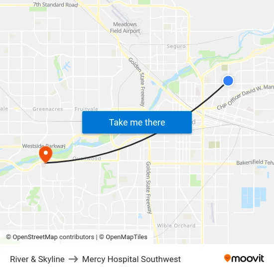 River & Skyline to Mercy Hospital Southwest map