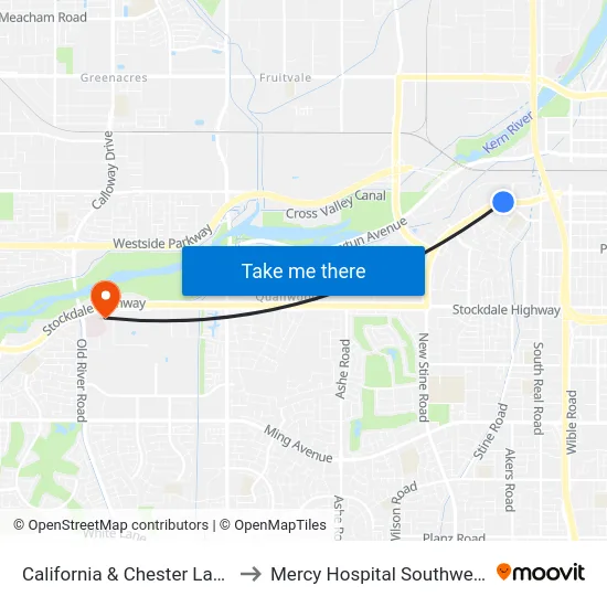 California & Chester Lane to Mercy Hospital Southwest map