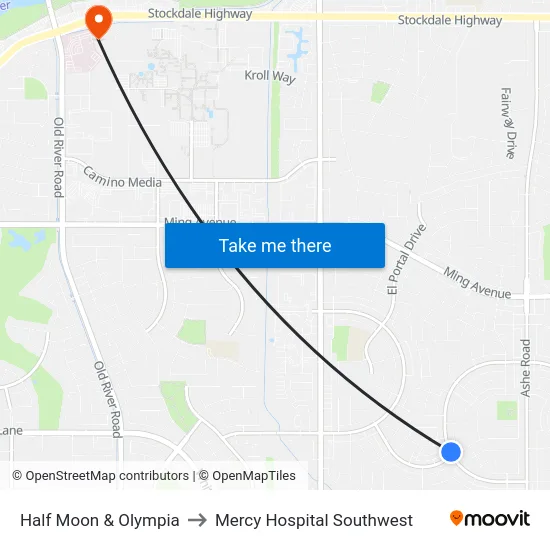 Half Moon & Olympia to Mercy Hospital Southwest map