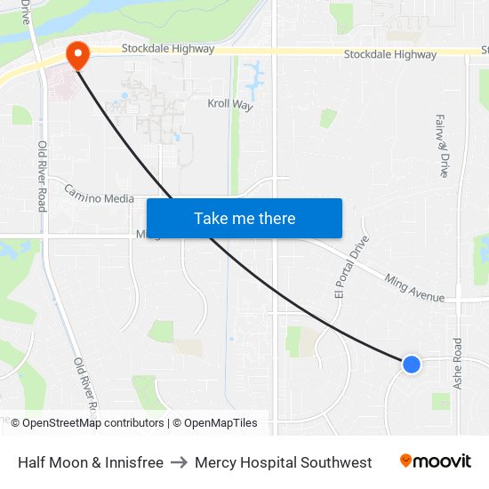 Half Moon & Innisfree to Mercy Hospital Southwest map