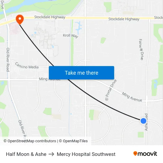 Half Moon & Ashe to Mercy Hospital Southwest map