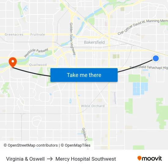 Virginia & Oswell to Mercy Hospital Southwest map