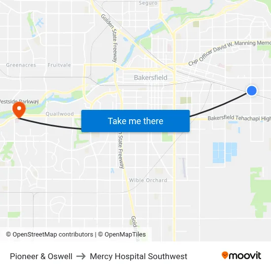 Pioneer & Oswell to Mercy Hospital Southwest map