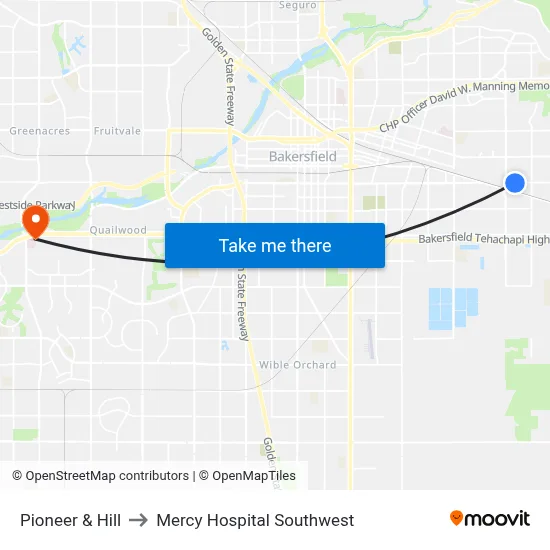 Pioneer & Hill to Mercy Hospital Southwest map