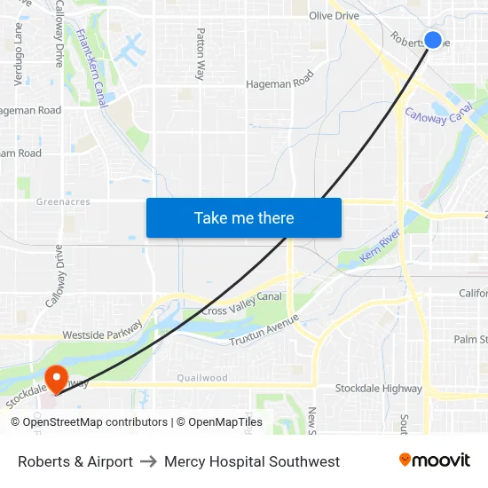 Roberts & Airport to Mercy Hospital Southwest map