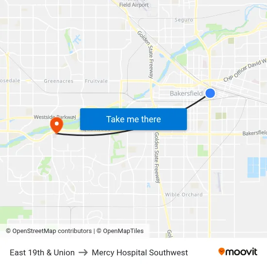 East 19th & Union to Mercy Hospital Southwest map