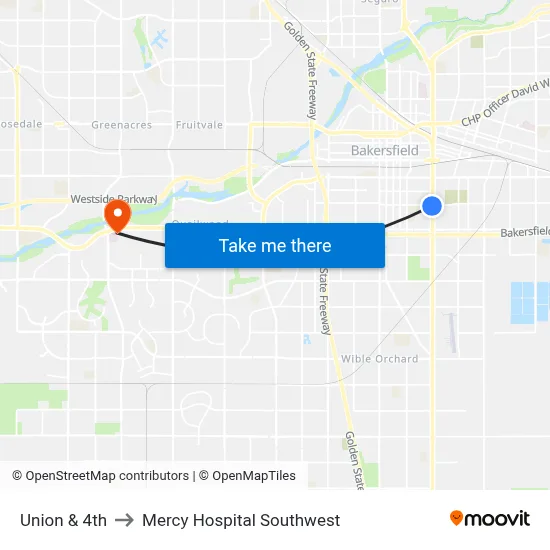 Union & 4th to Mercy Hospital Southwest map