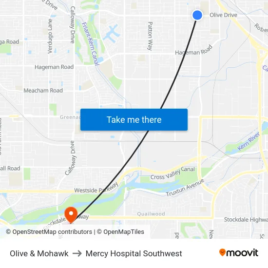 Olive & Mohawk to Mercy Hospital Southwest map