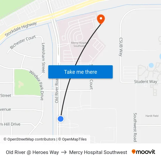 Old River @ Heroes Way to Mercy Hospital Southwest map