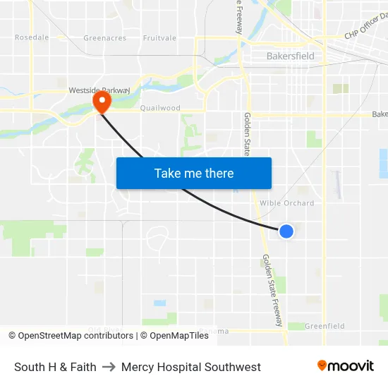 South H & Faith to Mercy Hospital Southwest map