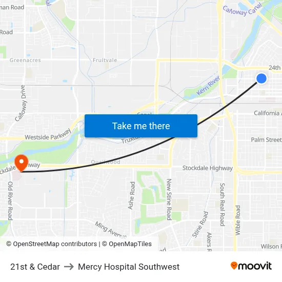 21st & Cedar to Mercy Hospital Southwest map