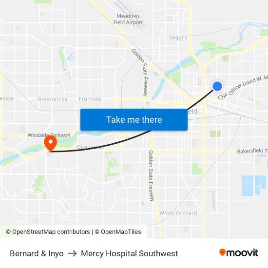 Bernard & Inyo to Mercy Hospital Southwest map