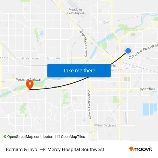 Bernard & Inyo to Mercy Hospital Southwest map