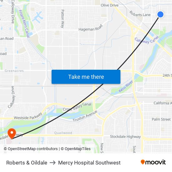 Roberts & Oildale to Mercy Hospital Southwest map