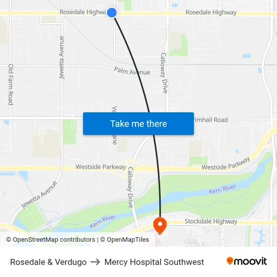 Rosedale & Verdugo to Mercy Hospital Southwest map