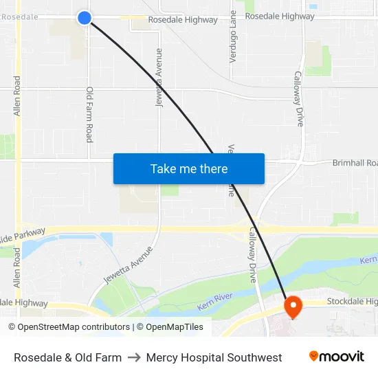 Rosedale & Old Farm to Mercy Hospital Southwest map