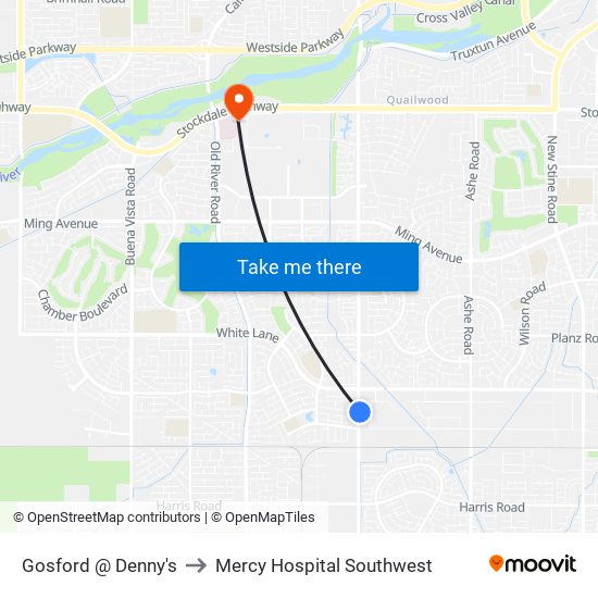 Gosford @ Denny's to Mercy Hospital Southwest map