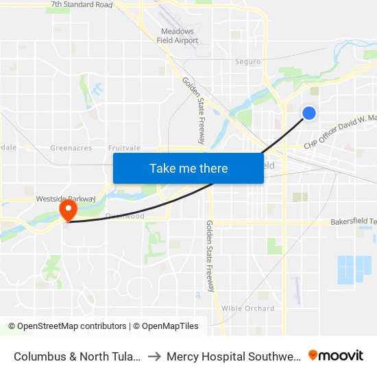Columbus & North Tulare to Mercy Hospital Southwest map