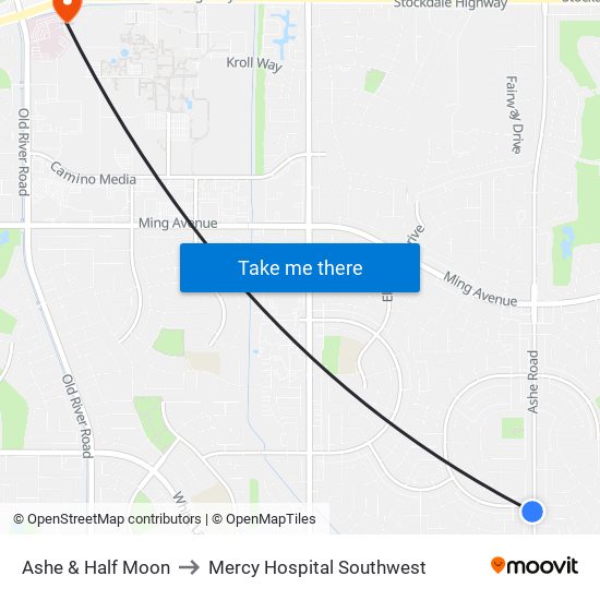 Ashe & Half Moon to Mercy Hospital Southwest map