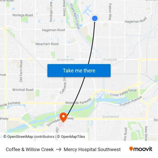 Coffee & Willow Creek to Mercy Hospital Southwest map