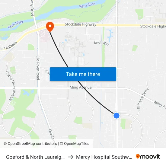 Gosford & North Laurelglen to Mercy Hospital Southwest map