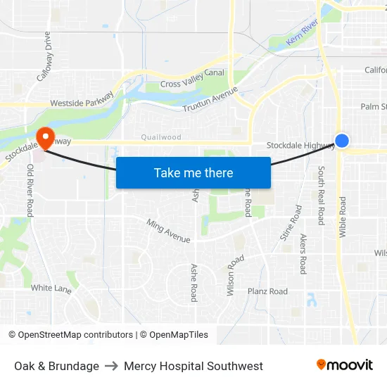 Oak & Brundage to Mercy Hospital Southwest map