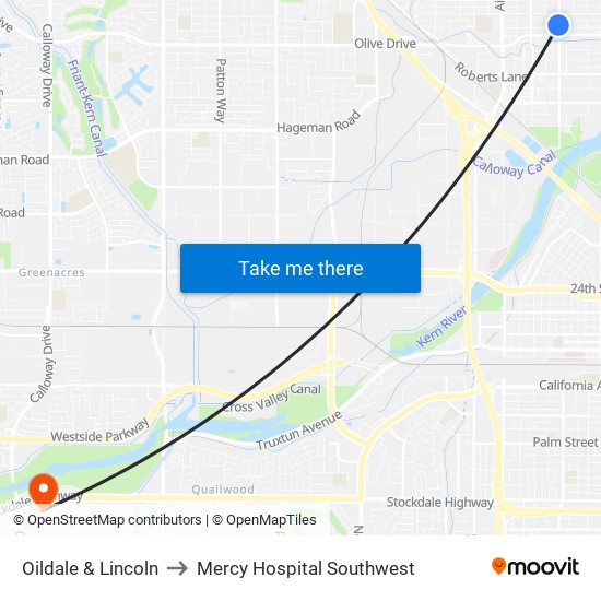 Oildale & Lincoln to Mercy Hospital Southwest map