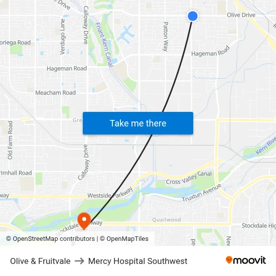 Olive & Fruitvale to Mercy Hospital Southwest map