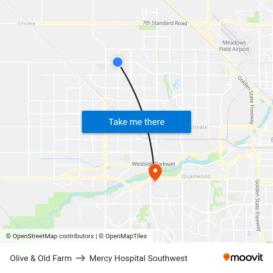 Olive & Old Farm to Mercy Hospital Southwest map