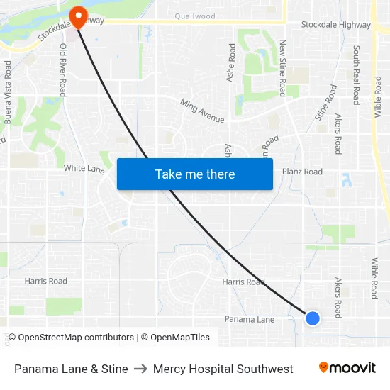 Panama Lane & Stine to Mercy Hospital Southwest map
