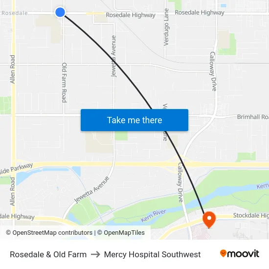 Rosedale & Old Farm to Mercy Hospital Southwest map