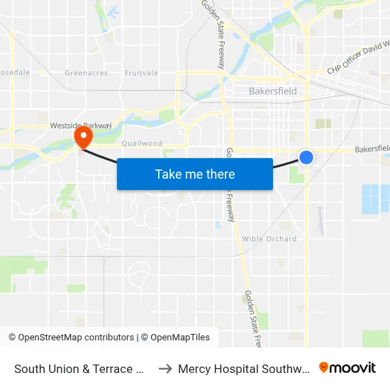 South Union & Terrace Way to Mercy Hospital Southwest map