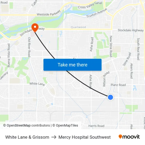 White Lane & Grissom to Mercy Hospital Southwest map