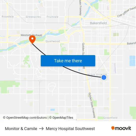 Monitor & Camile to Mercy Hospital Southwest map