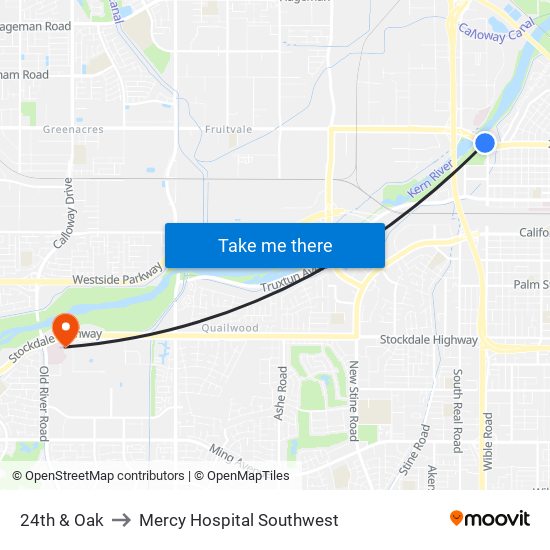 24th & Oak to Mercy Hospital Southwest map